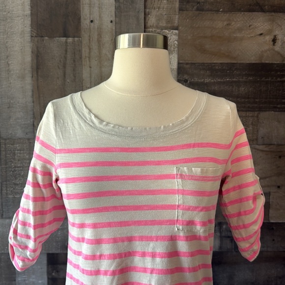 Banana Republic cream hot pink striped top small 3/4 sleeves coastal Barbie - Picture 3 of 12